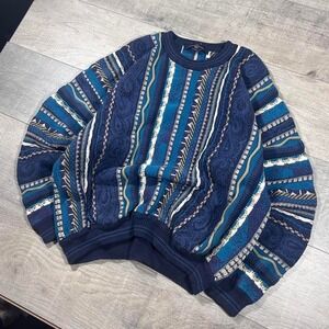blue and multicolor 3-D knit cable knit coogi style pullover Sweater Size XL